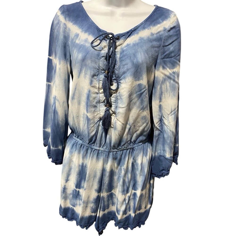 American Eagle Romper Womens M Blue White‎ Tie Dye Bell Sleeve Lace Up Shorts